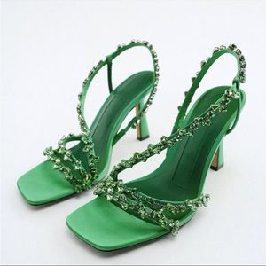 Green bedazzled heels with rhinestones